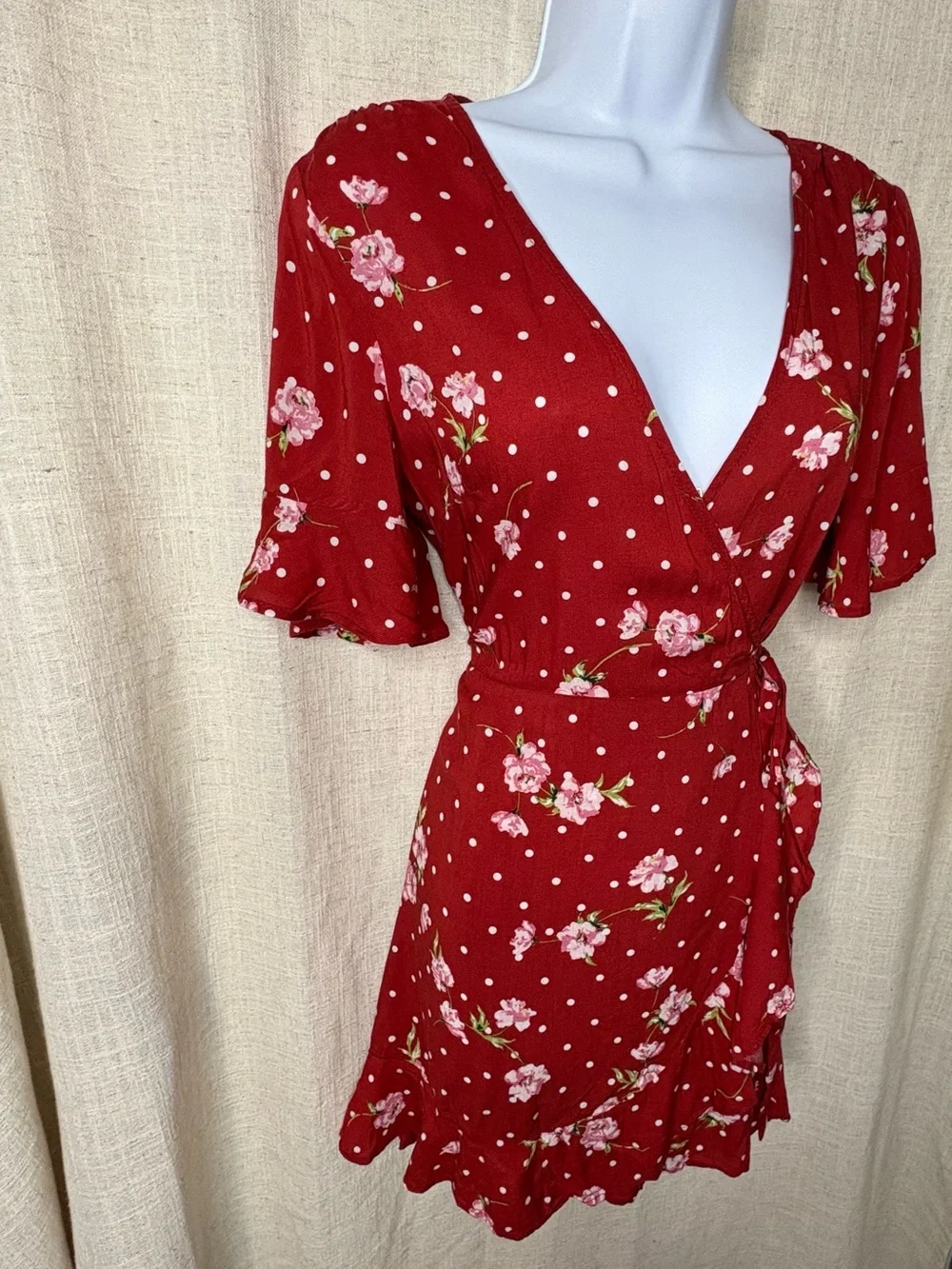 Show Me Your Mumu Matilda Red Floral Polka Dot Wrap Mini Dress Small